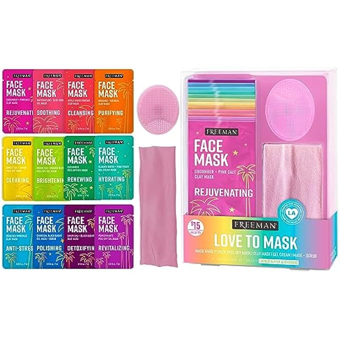 Freeman 14 PIECE LOVE TO MASK VARIETY PACK, FACE MASKS FOR ALL SKIN TYPES, HYDRATE, DETOXIFY, & CLEAR SKIN, EXFOLIATING SCRUB, BONUS HEADBAND & SKIN BUFFER, STOCKING STUFFER, CRUELTY-FREE & VEGAN - Image 1